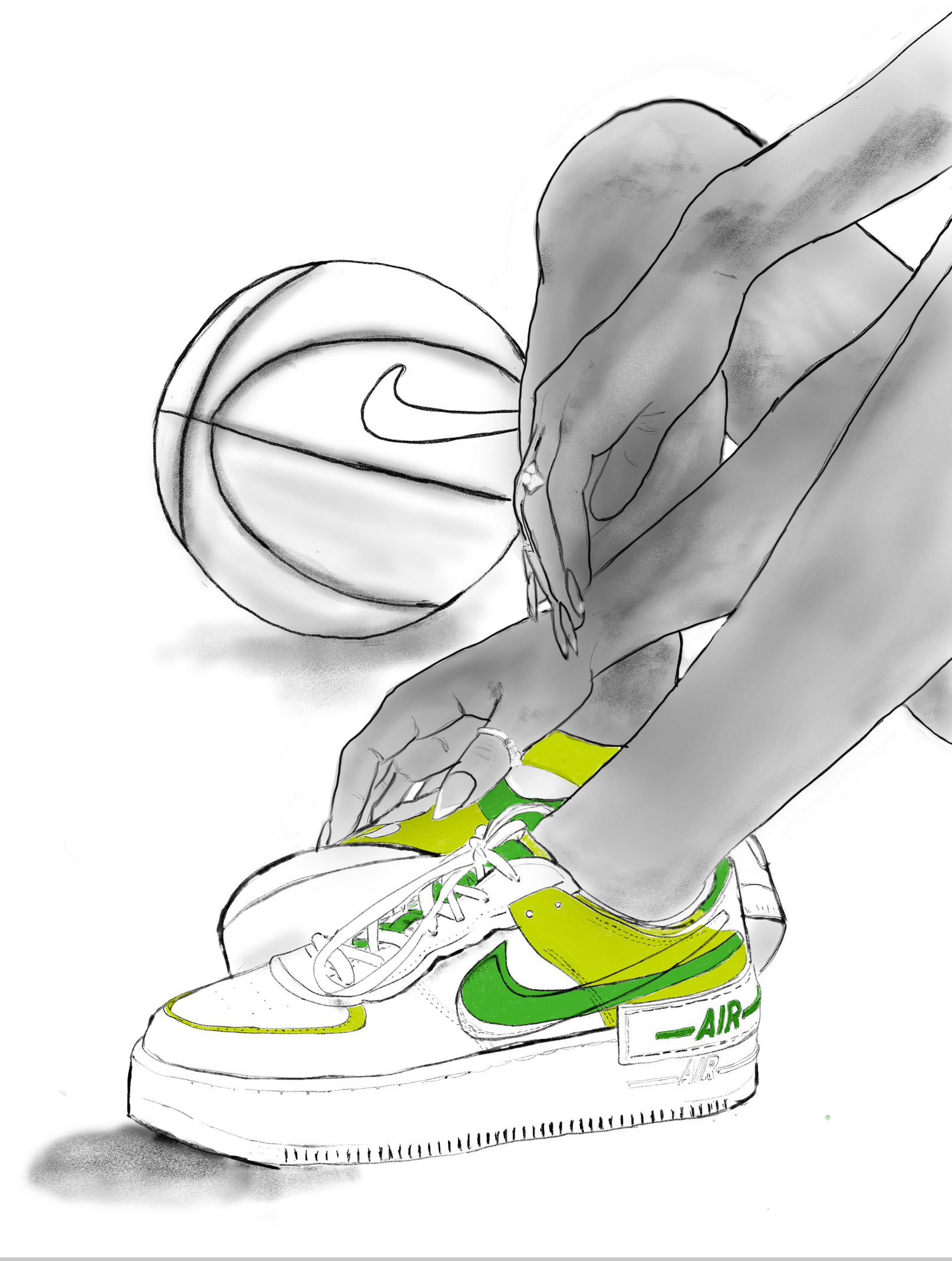 A drawing of a person tying a white sneaker with green and yellow accents, positioned next to a basketball.
