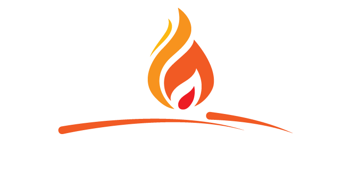 Stylized orange and red flame above a curved orange line on a white background