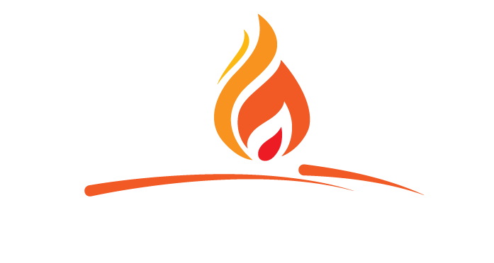 Stylized orange and red flame above a curved orange line on a white background