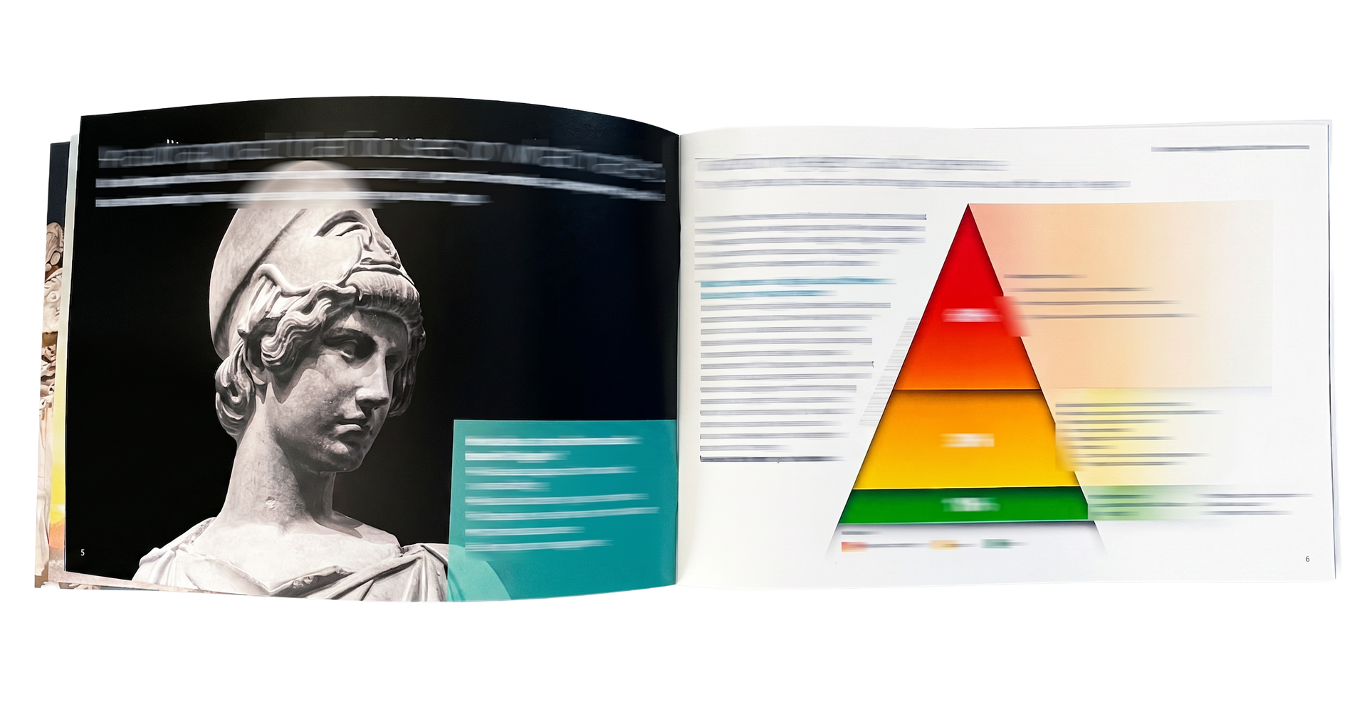 Open book spread with a black-and-white statue photo on the left and a rainbow-colored pyramid chart on the right