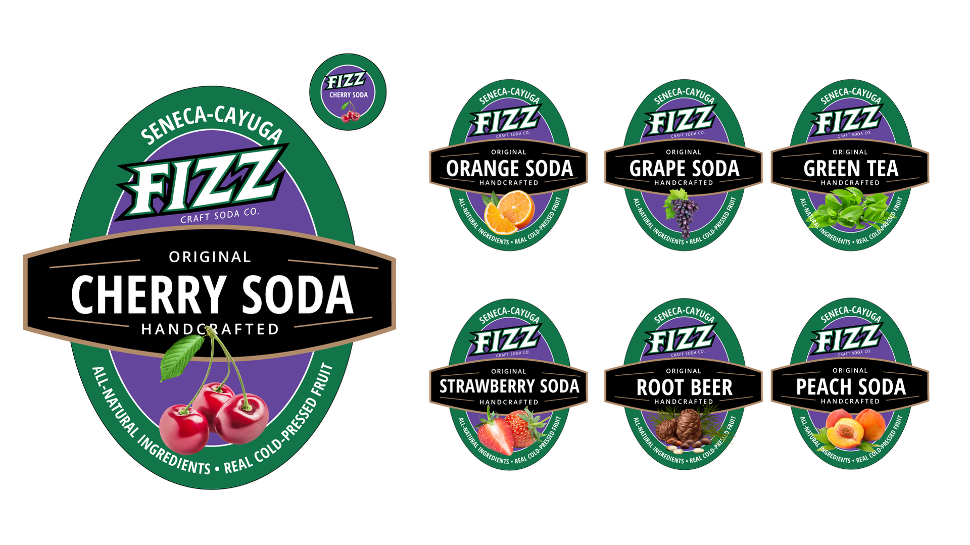 Fizz Cherry Soda logo with six flavor badge variations on a white background