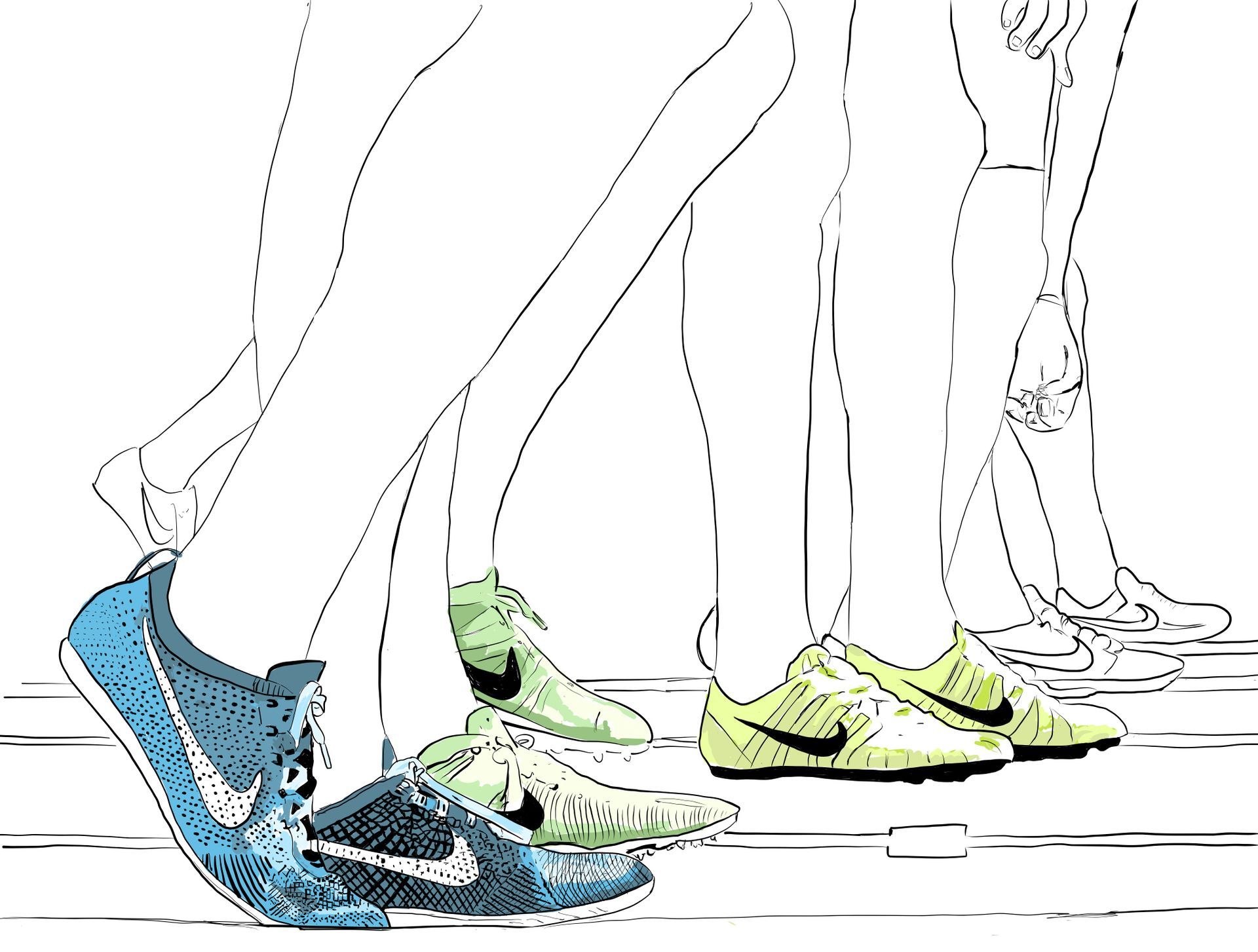 A line of runners wearing Nike sneakers stands on a track, captured in a motion-blurred starting position.