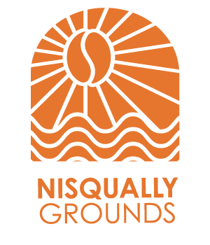 Orange Nisqually Grounds logo with sun, waves, and stylized landscape