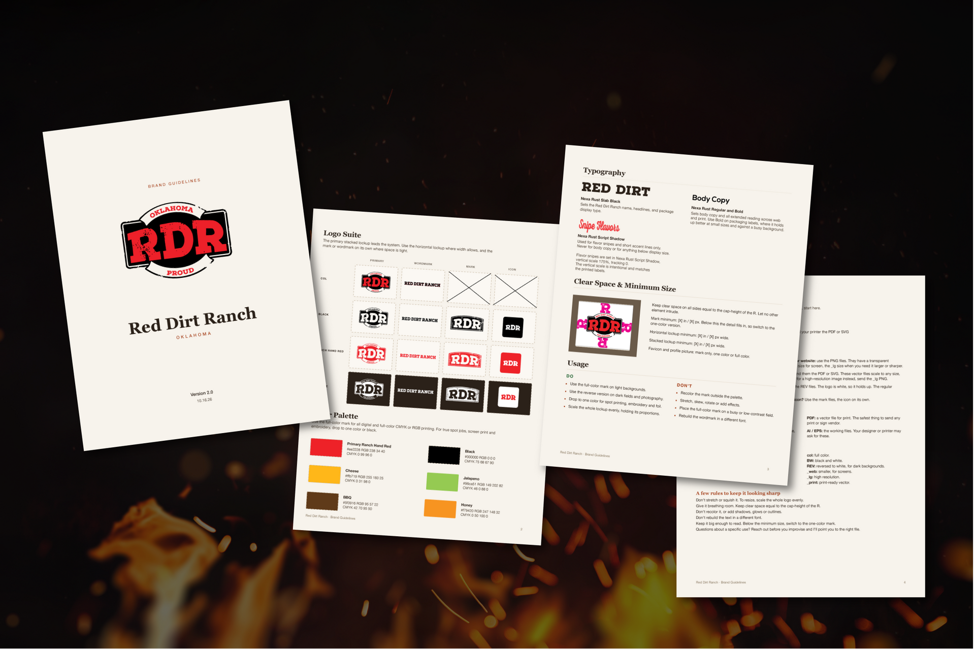 Four overlapping white document pages on a dark background, showing a logo and design layout details
