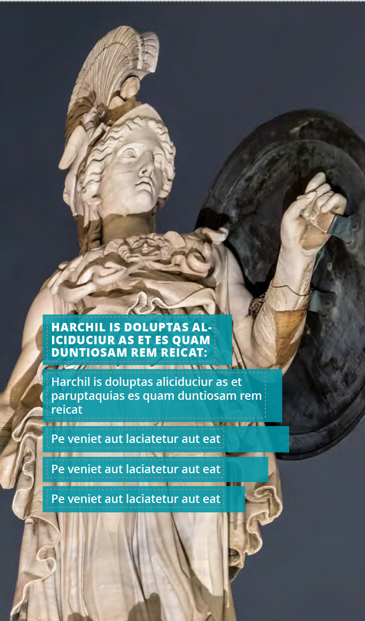 Statue of a winged woman in white holding a dark shield, overlaid with teal text blocks.