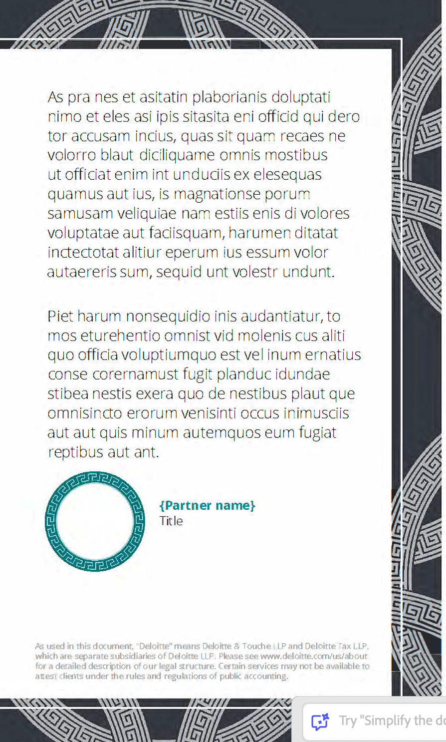 Tall text-heavy flyer with a teal circular logo and small logo near the bottom right.
