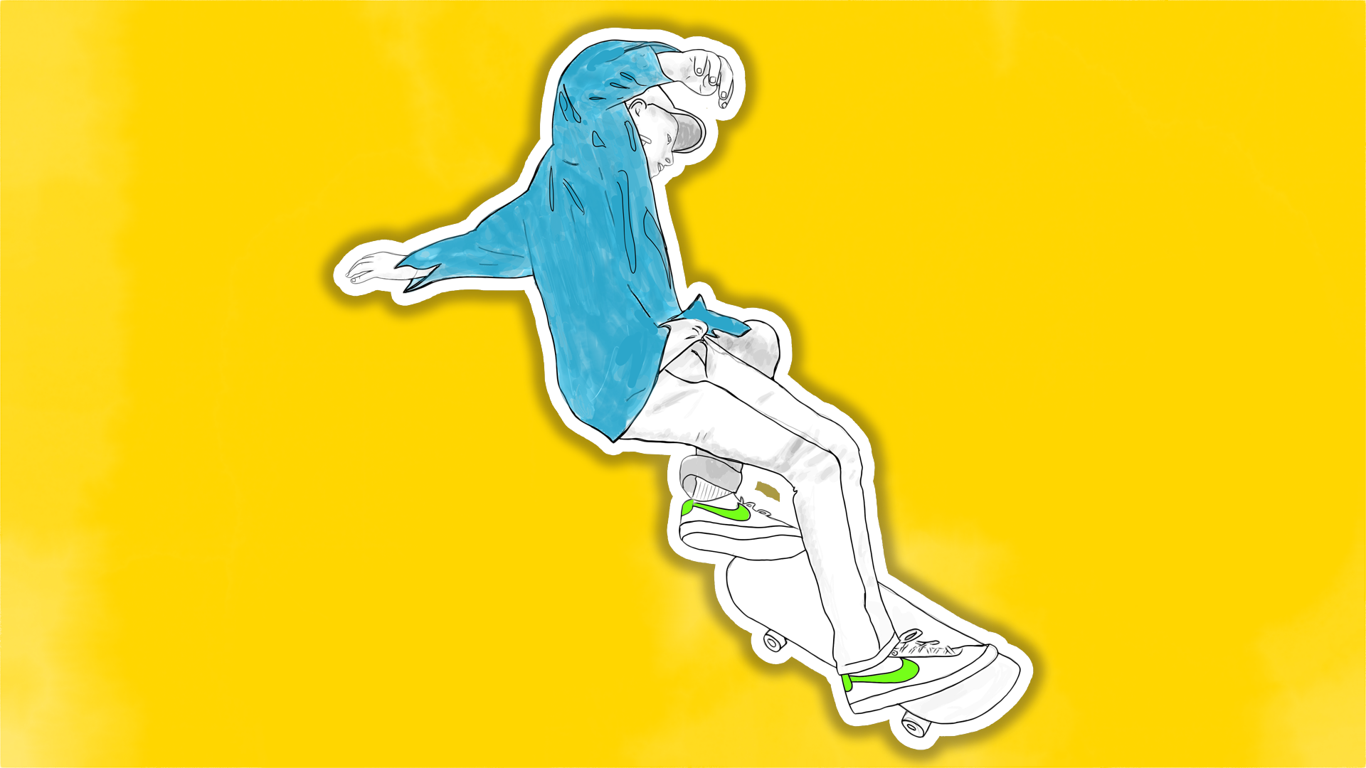 A digital drawing of a figure in a blue hoodie and white pants skateboarding on a bright yellow background.