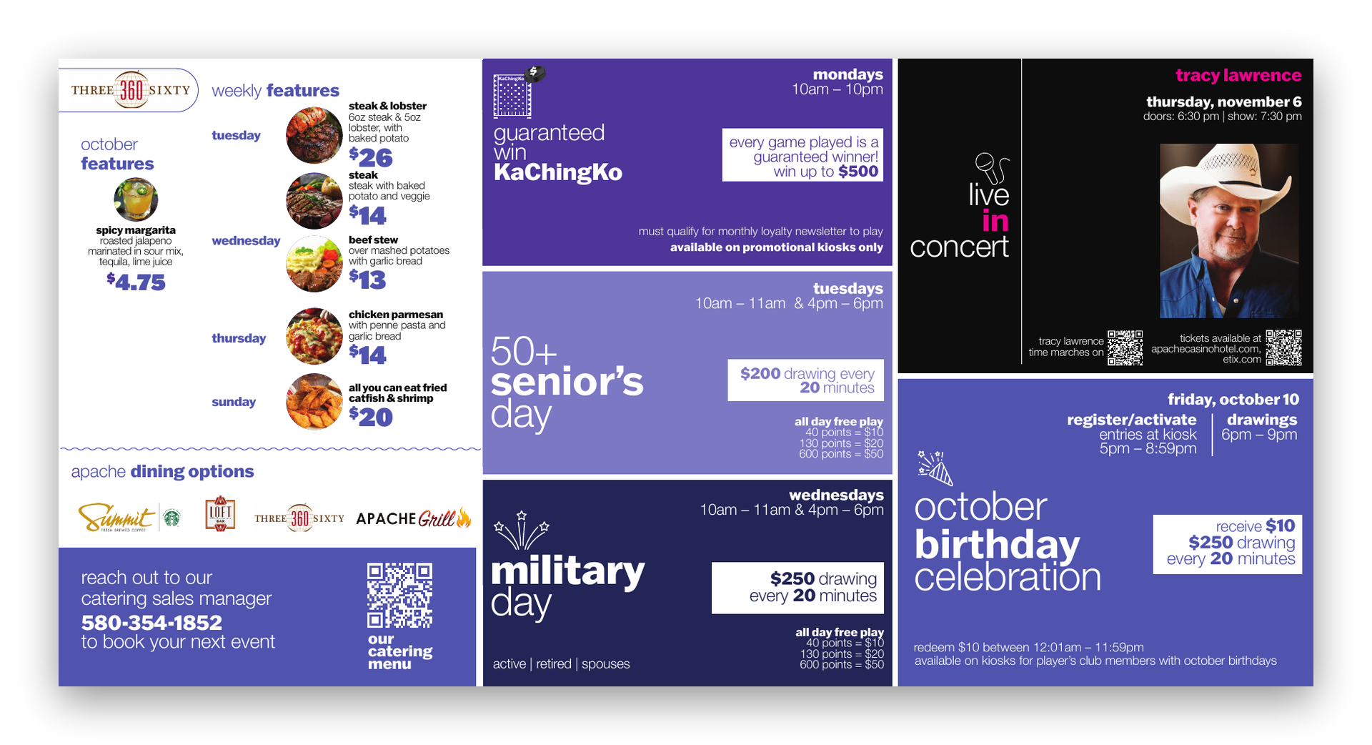 Casino event newsletter text for senior’s, military, birthday, and contact details