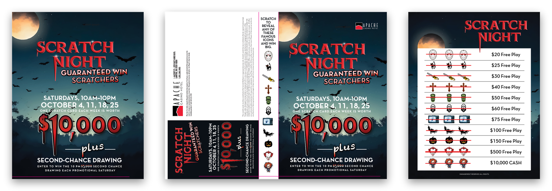 Scratch Night flyer with red and black design, scratch-off reveal areas, and $10,000 prize text.