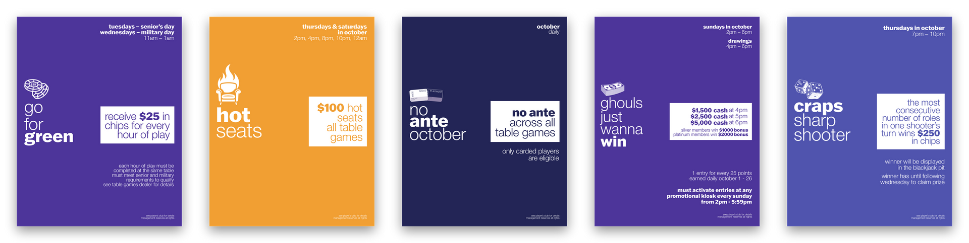 Five Apache Casino Hotel posters in a row, each with a three-word lowercase headline and one word in bold: go for green, hot seats, no ante october, ghouls just wanna win, craps sharp shooter.
