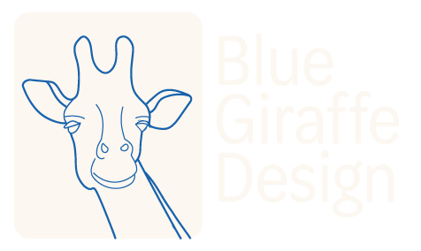 A blue line-drawing of a giraffe's head in a cream square, next to the text