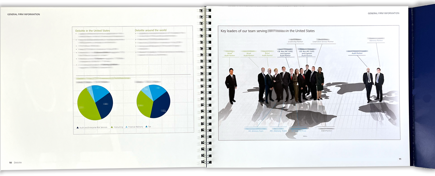 An open report shows two pie charts on the left and a world map with corporate figures overlaid on the right.