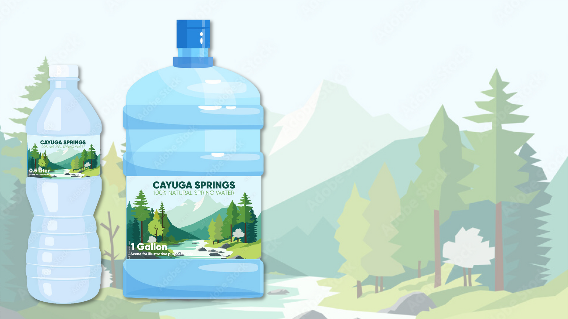 Two bottled water containers with mountain labels against a soft green landscape backdrop