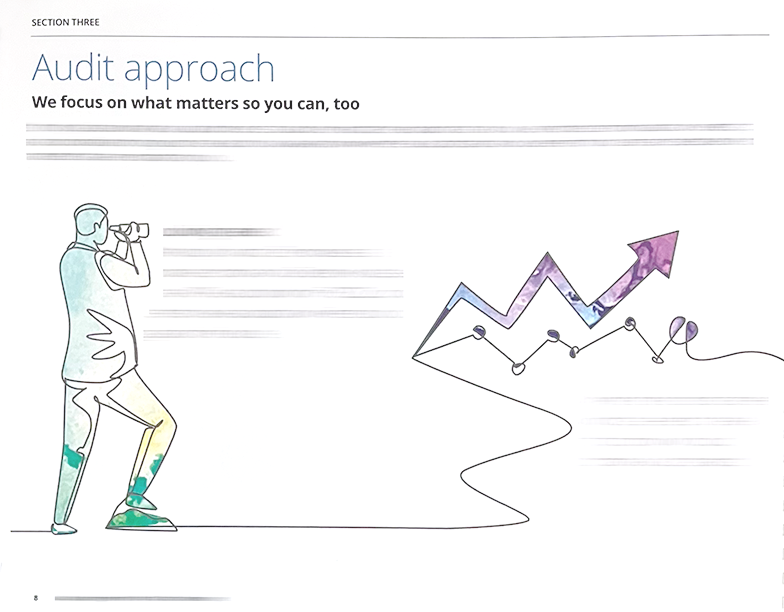 Illustration of an audit theme with a person, rising purple chart, and the text “Audit approach” and “We focus on what matters so you can, too.”