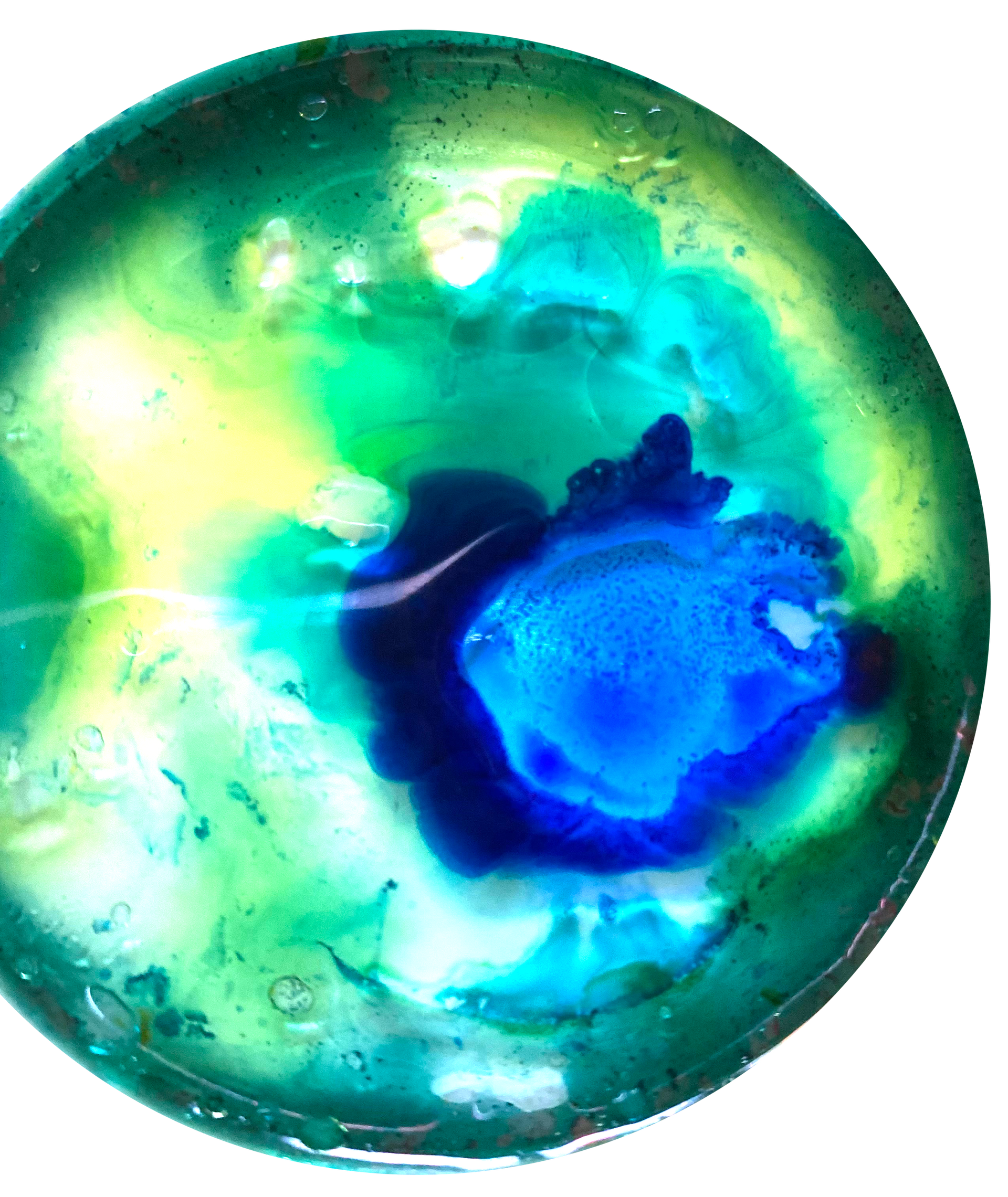 Abstract green and blue circular glass artwork with a bright blue center