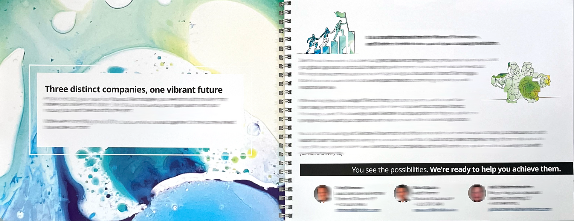 Open brochure spread with blue-green abstract graphics, text blocks, and small headshots on the right page