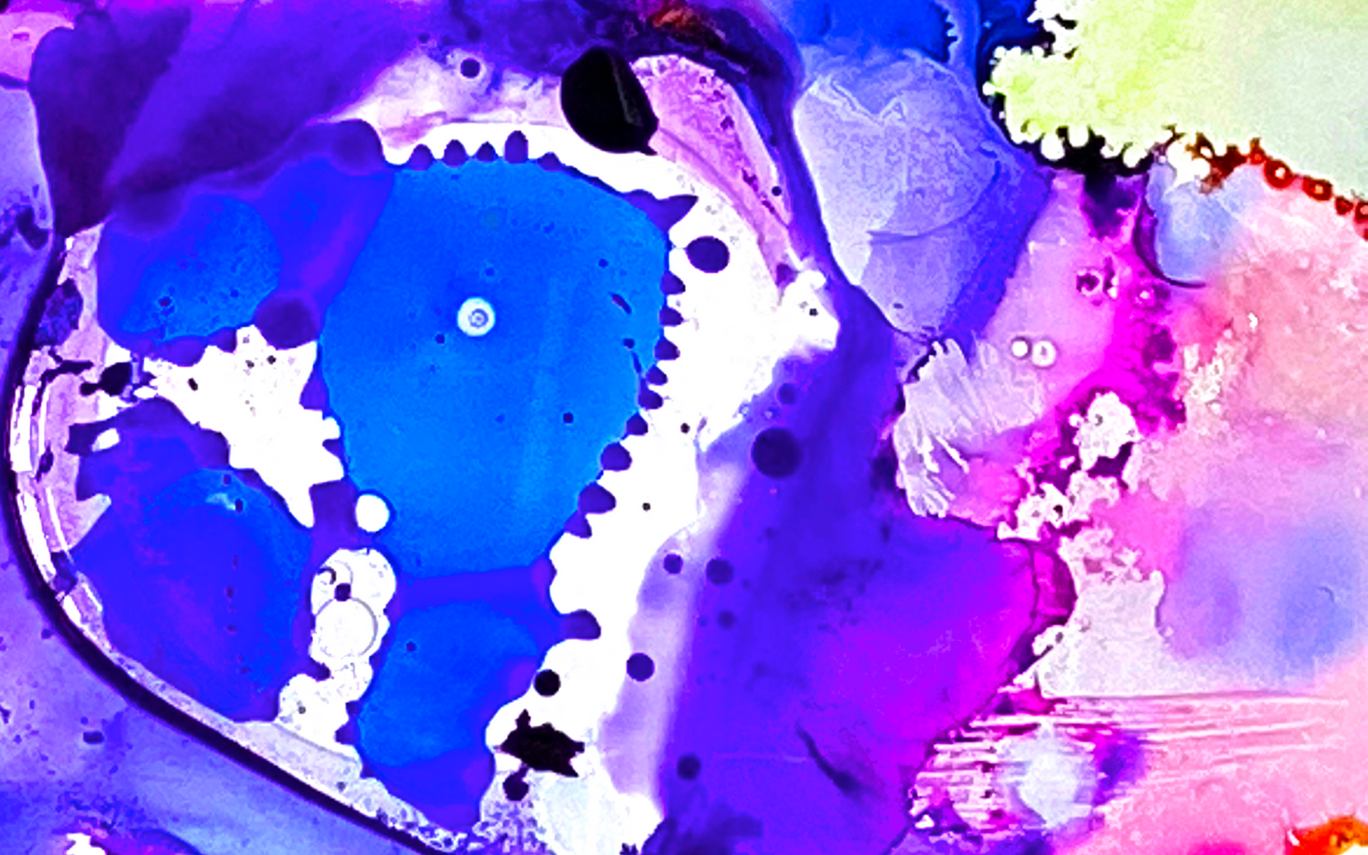 Abstract watercolor in blue, purple, pink, and black with white splashes and layered paint textures