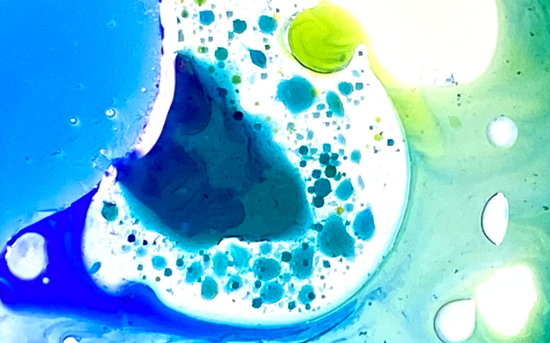 Abstract blue, teal, and green fluid art with white bubbles and organic, swirling shapes