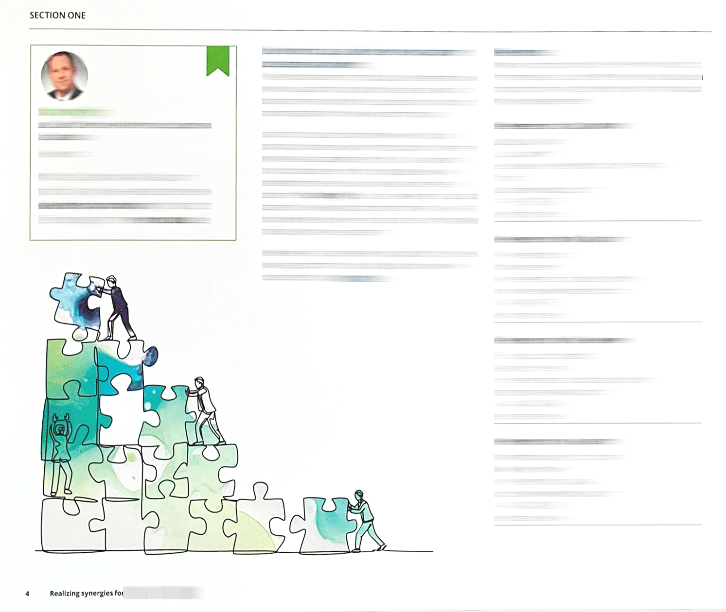 Resume page with profile photo, text columns, and a teal puzzle-piece illustration at bottom left