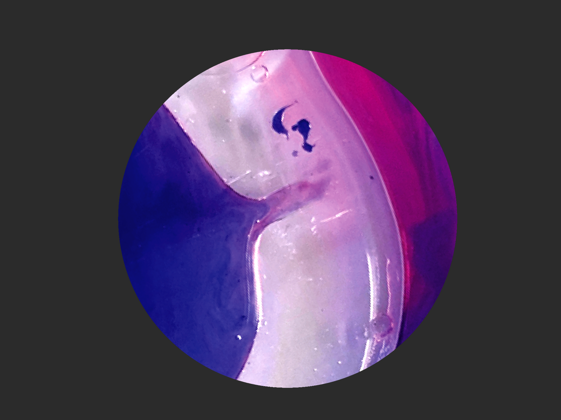 Blue and white glossy marbled sphere with a pink accent on a dark background