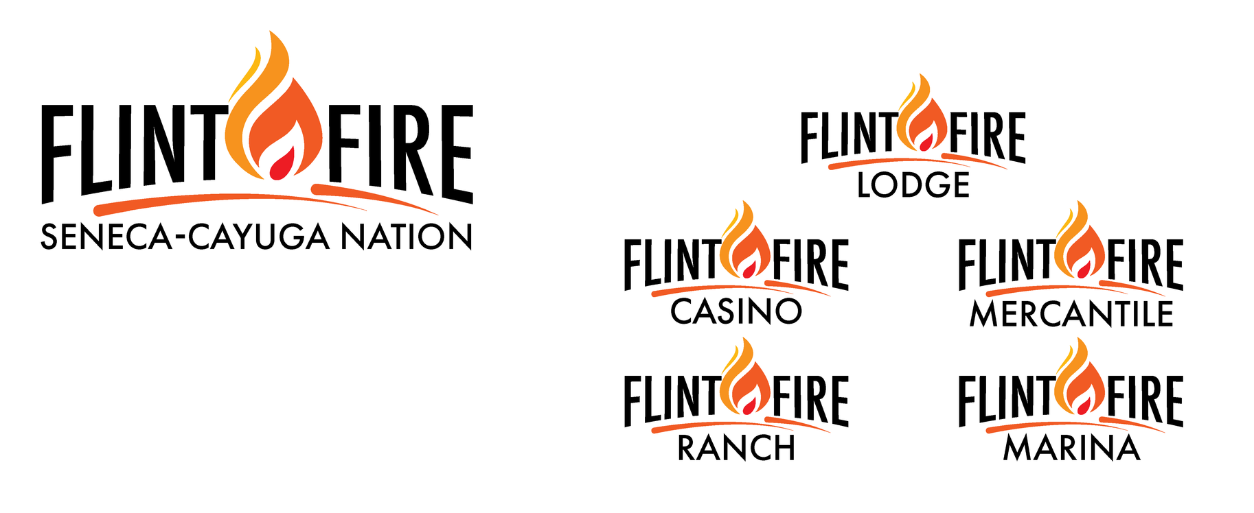 Flint Fire logos for Seneca-Cayuga Nation, Lodge, Casino, Ranch, Heacan, and Marina on white background