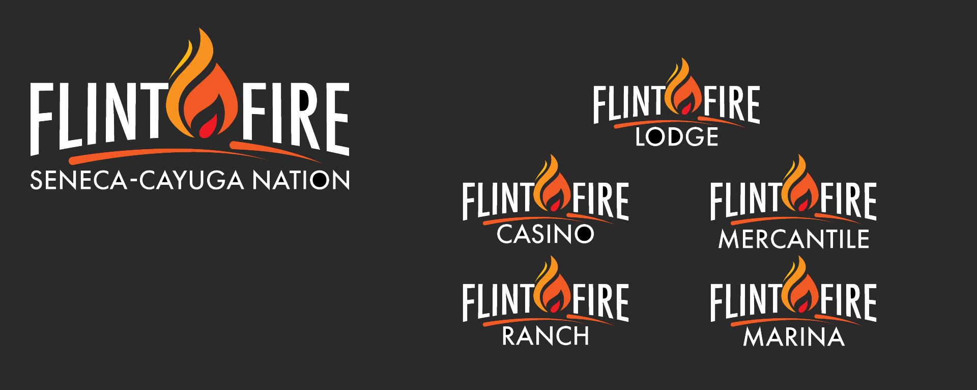 Flint Fire Seneca-Cayuga Nation logo with four smaller Flint Fire branch logos on a black background