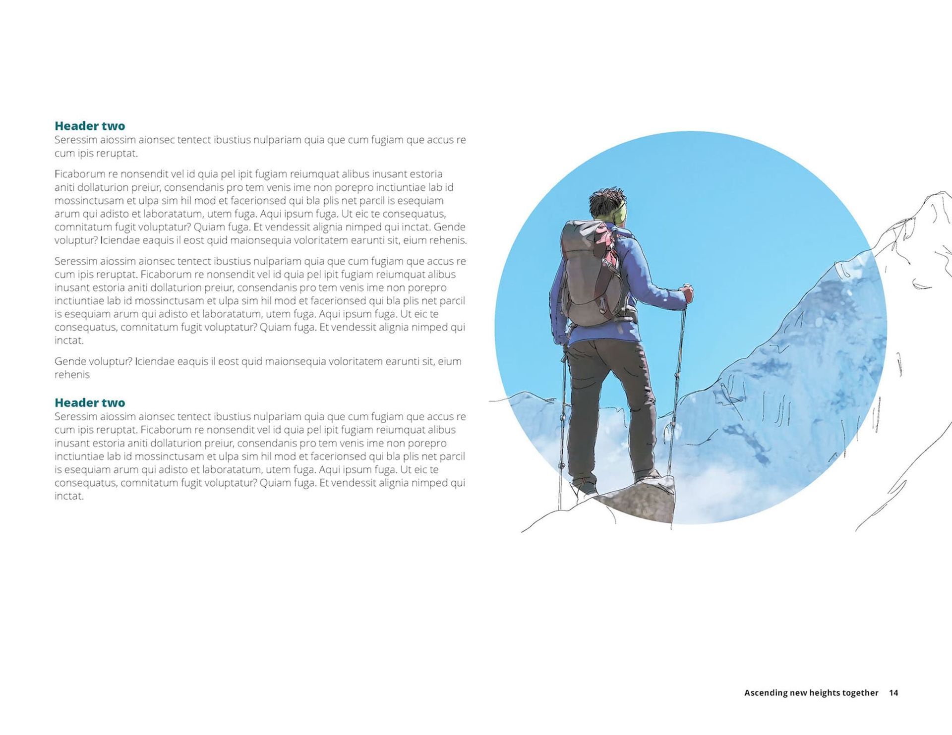 A hiker with a backpack and poles stands on a rocky mountain peak against a blue circular background with snowy mountains.
