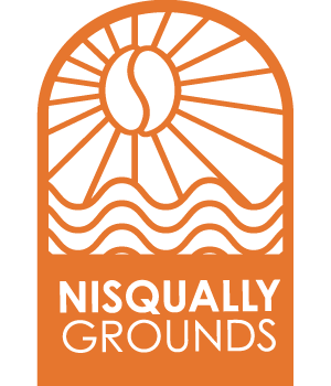 Orange Nisqually Grounds logo with sun, waves, and stylized landscape