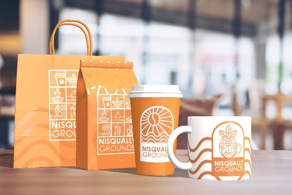 Orange coffee gift bags, takeaway cup, and mug with white floral branding on a table