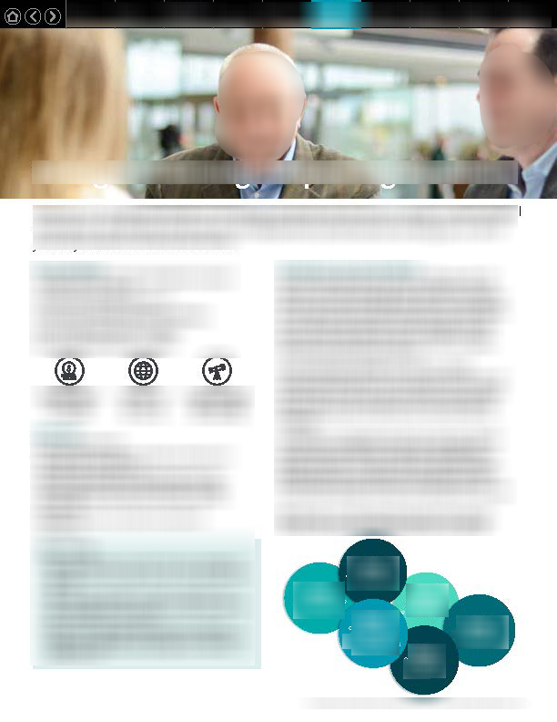 Business presentation slide featuring blurred photos of people, text sections, icons, and a graphic of overlapping circles.