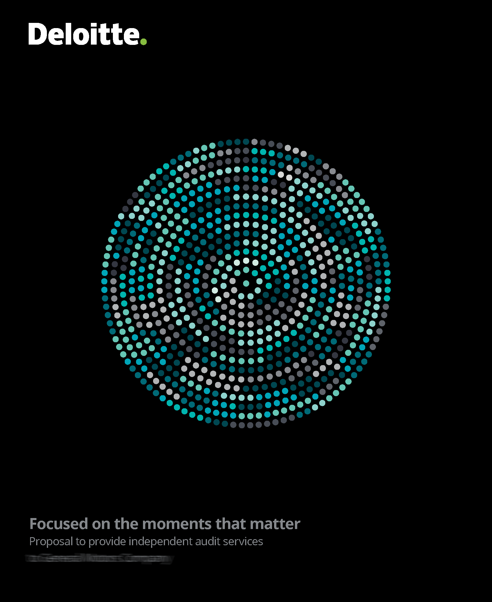 Deloitte logo above a circular pattern of small, teal and white squares on a black background, with text below.