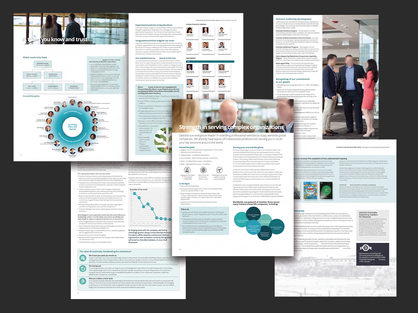 Collage of healthcare-style web pages, charts, and photos in a light blue and white layout