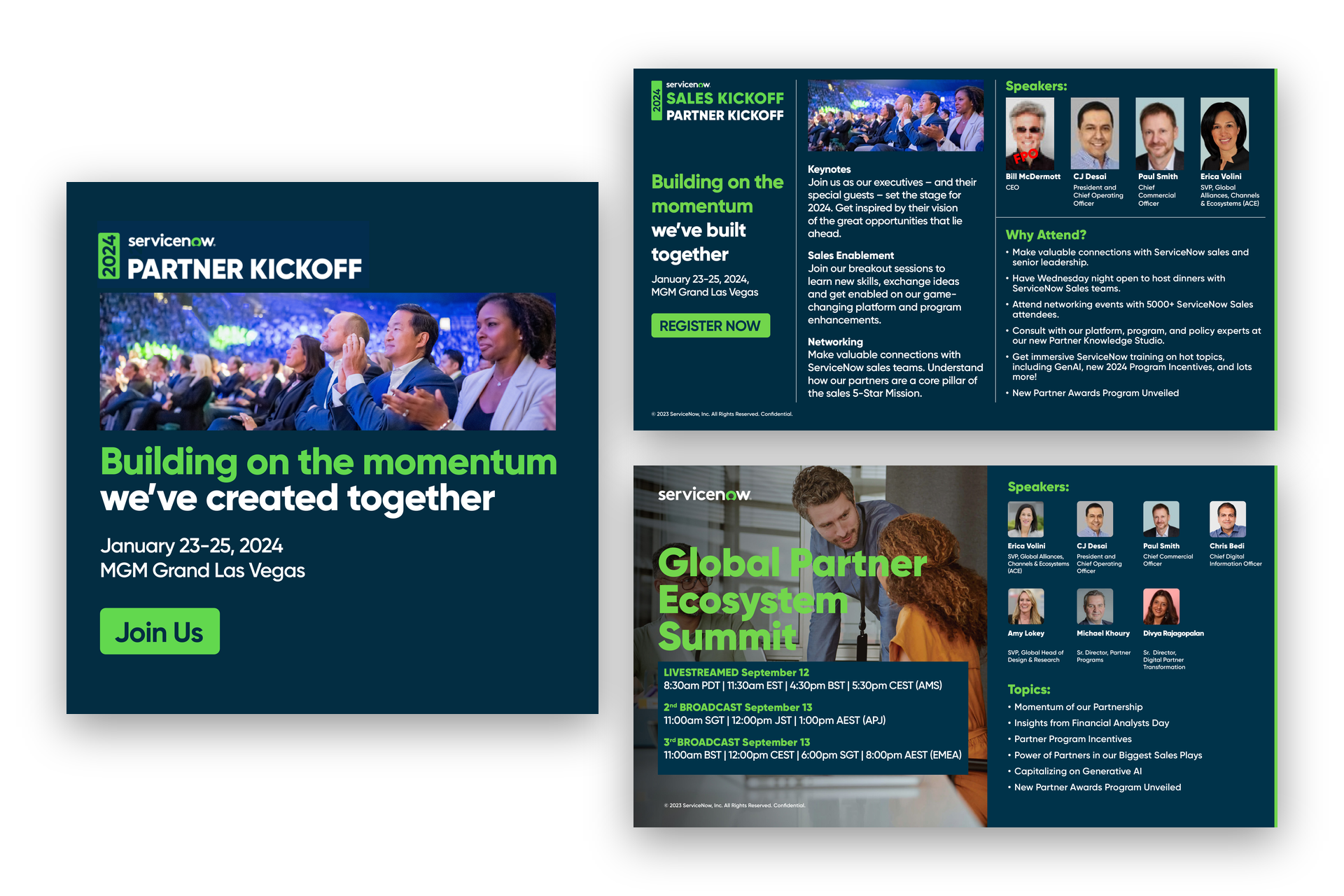 Three dark teal event slides for a partner kickoff and global partner ecosystem summit with photos, text, and a green Join Us button