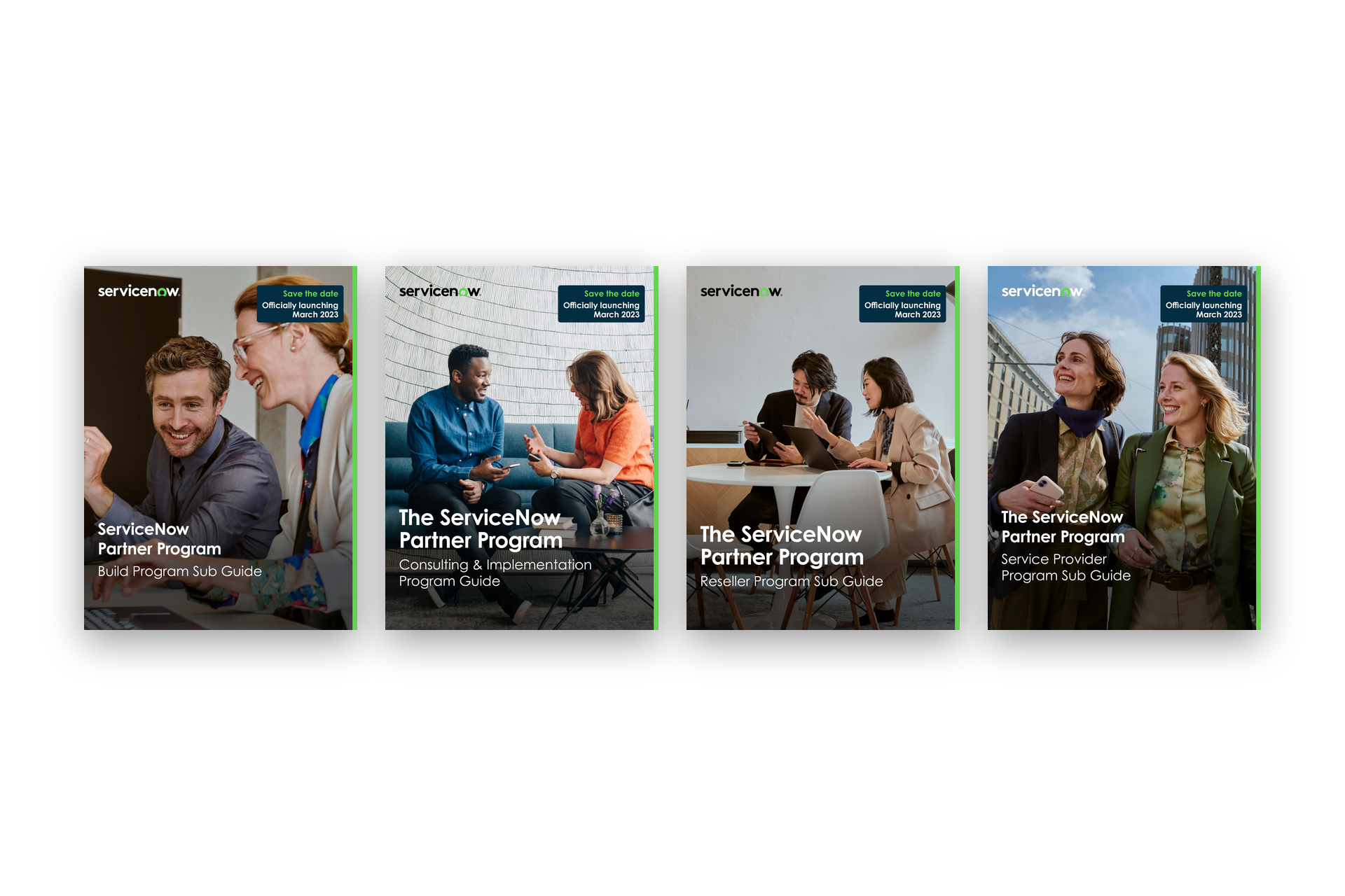 Four guide book covers featuring people in conversation in indoor scenes