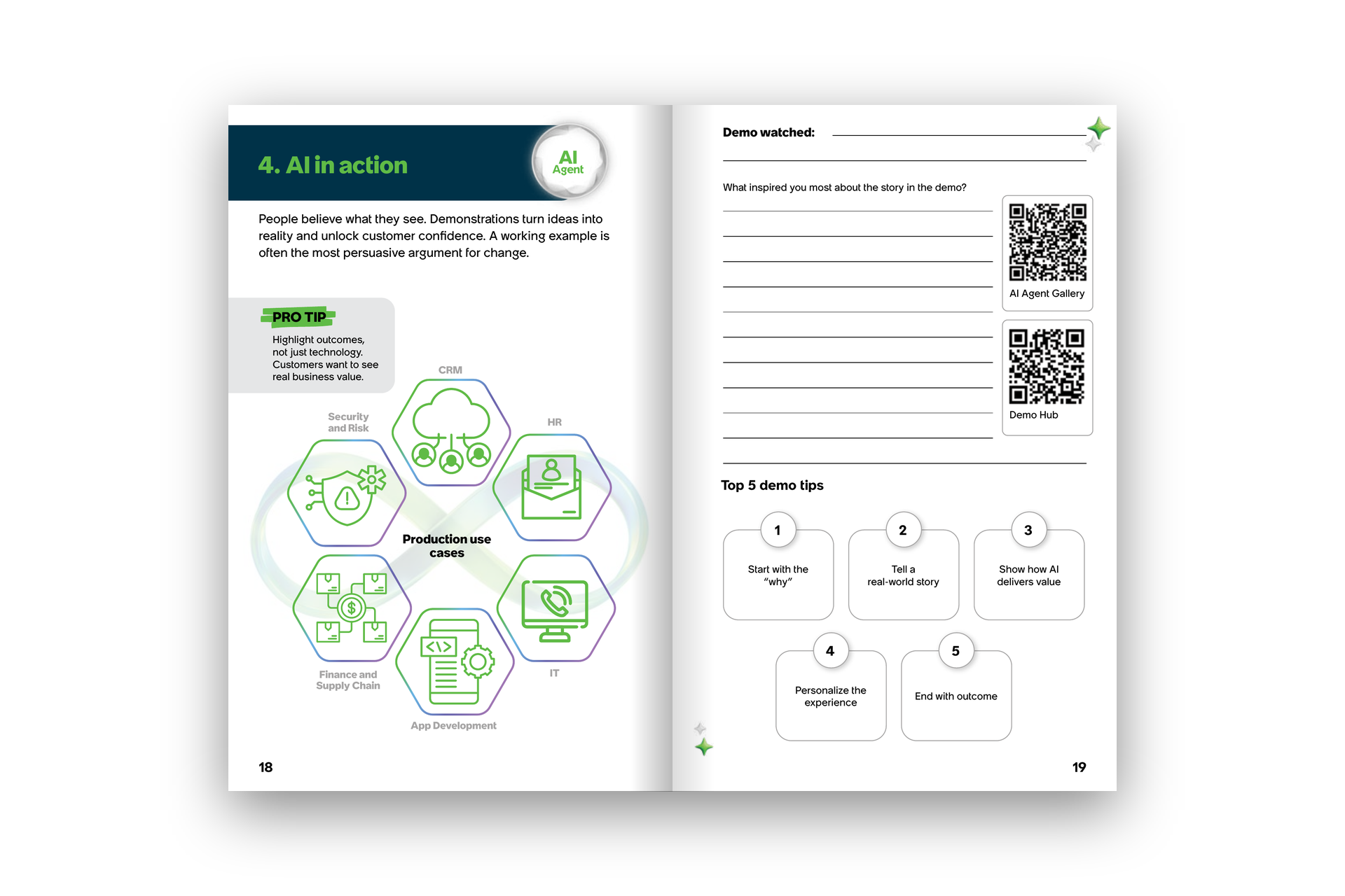Open workbook spread with green diagrams, writing lines, and two QR codes on the right page