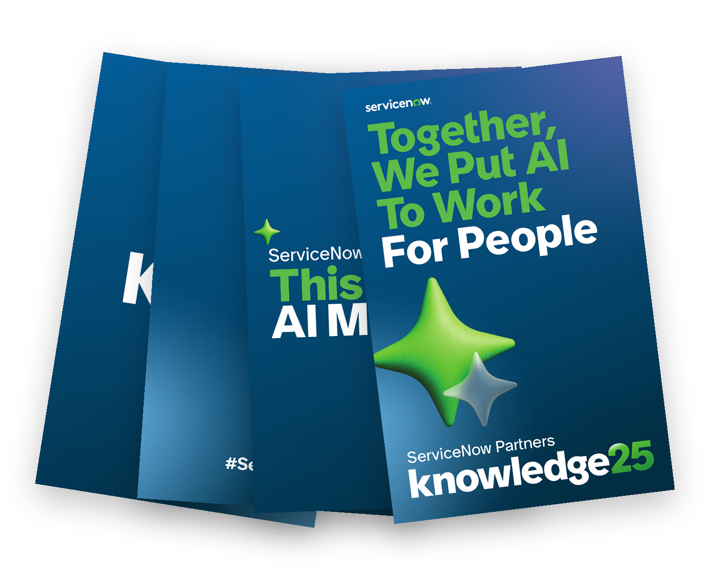 Blue ServiceNow knowledge booklet covers with green star and “Together, We Put AI To Work For People” text