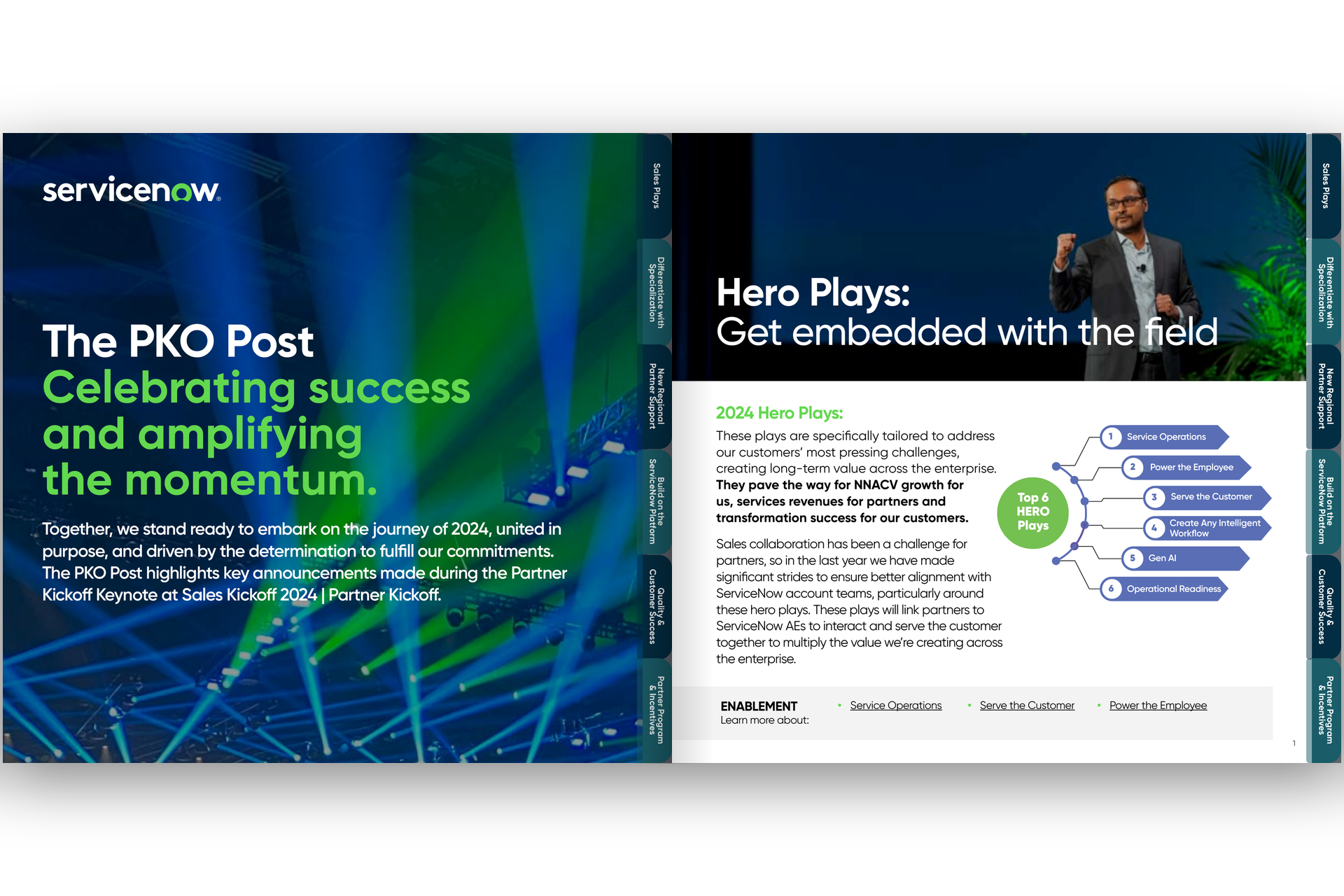 ServiceNow promo slide: “The PKO Post” and “Hero Plays” on a blue-green abstract background with dashboard graphics.