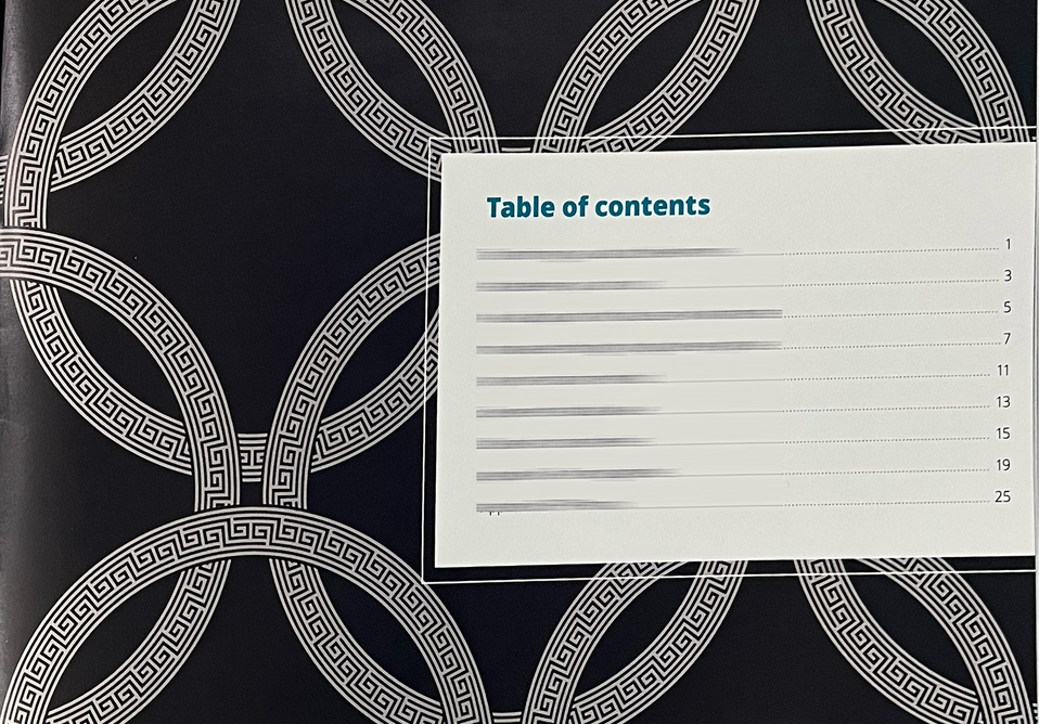 Table of contents page over black geometric patterned background