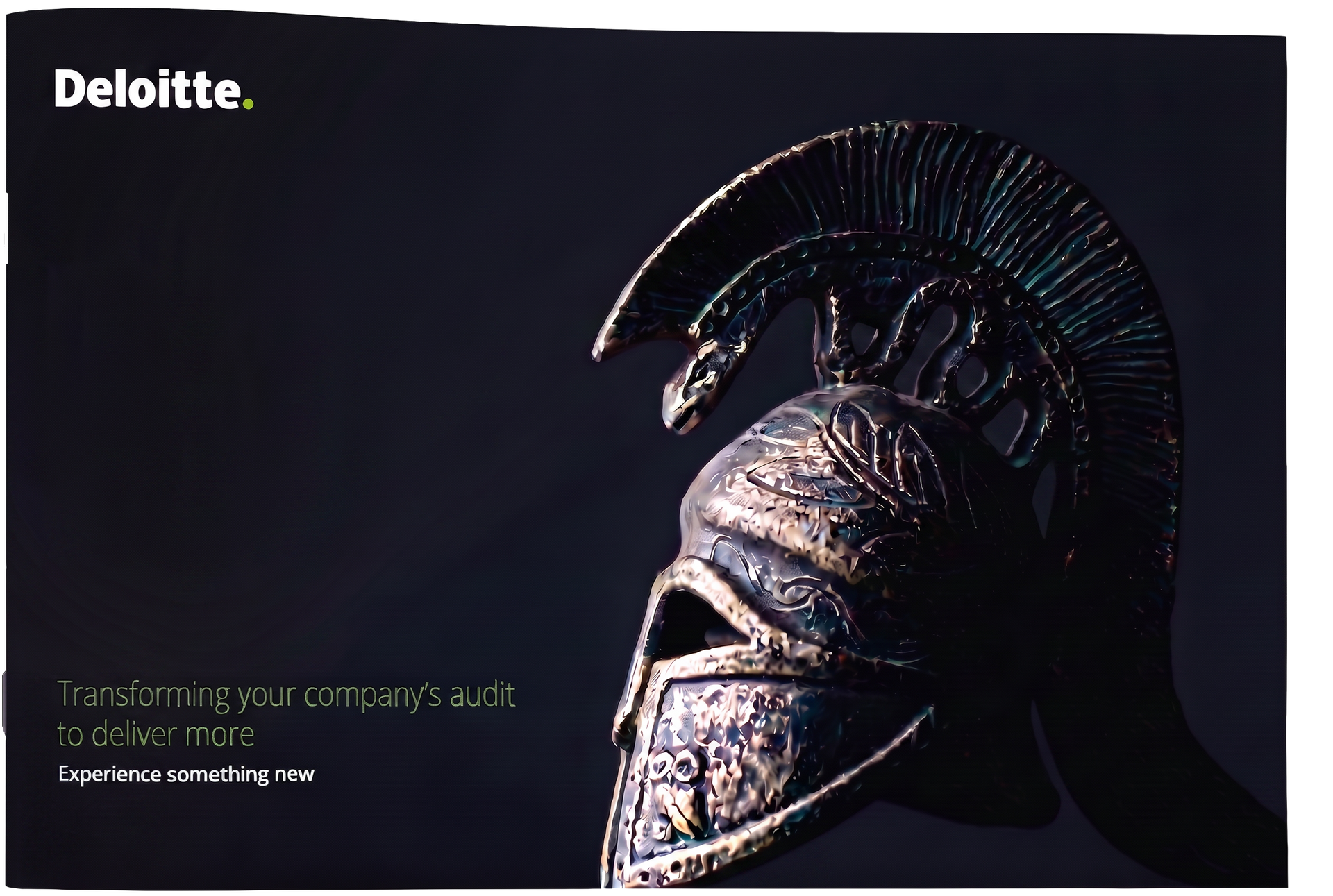 Deloitte ad with a dark background and a close-up bronze Spartan helmet on the right.