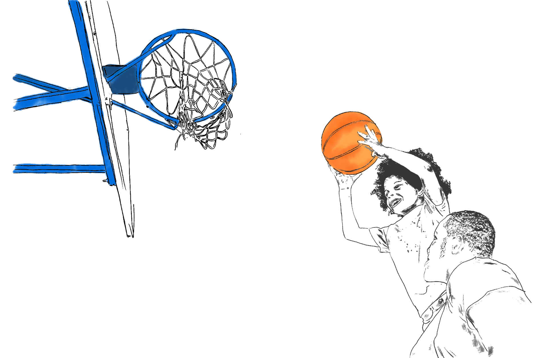 Basketball player in white shoots an orange ball toward a blue hoop on a white background