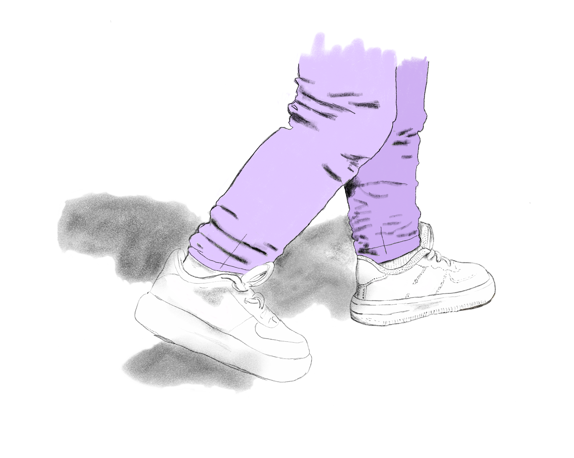 Feet in white sneakers and purple pants walking, with a soft gray shadow on a white background.