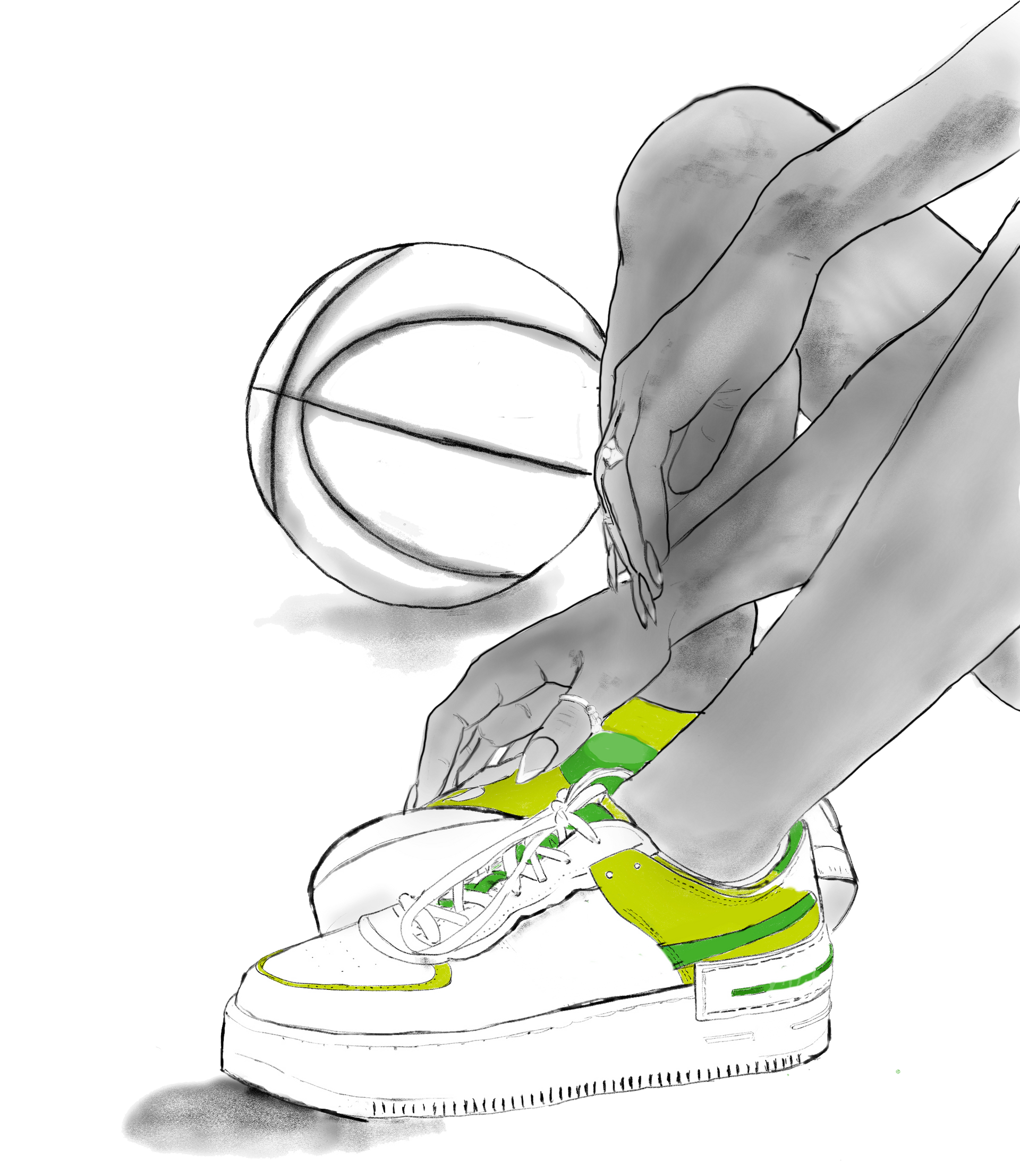 Hands tying bright green laces on white sneakers beside a basketball on a court