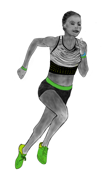 Person running in athletic wear, black and white cutout with neon green shoes and accents