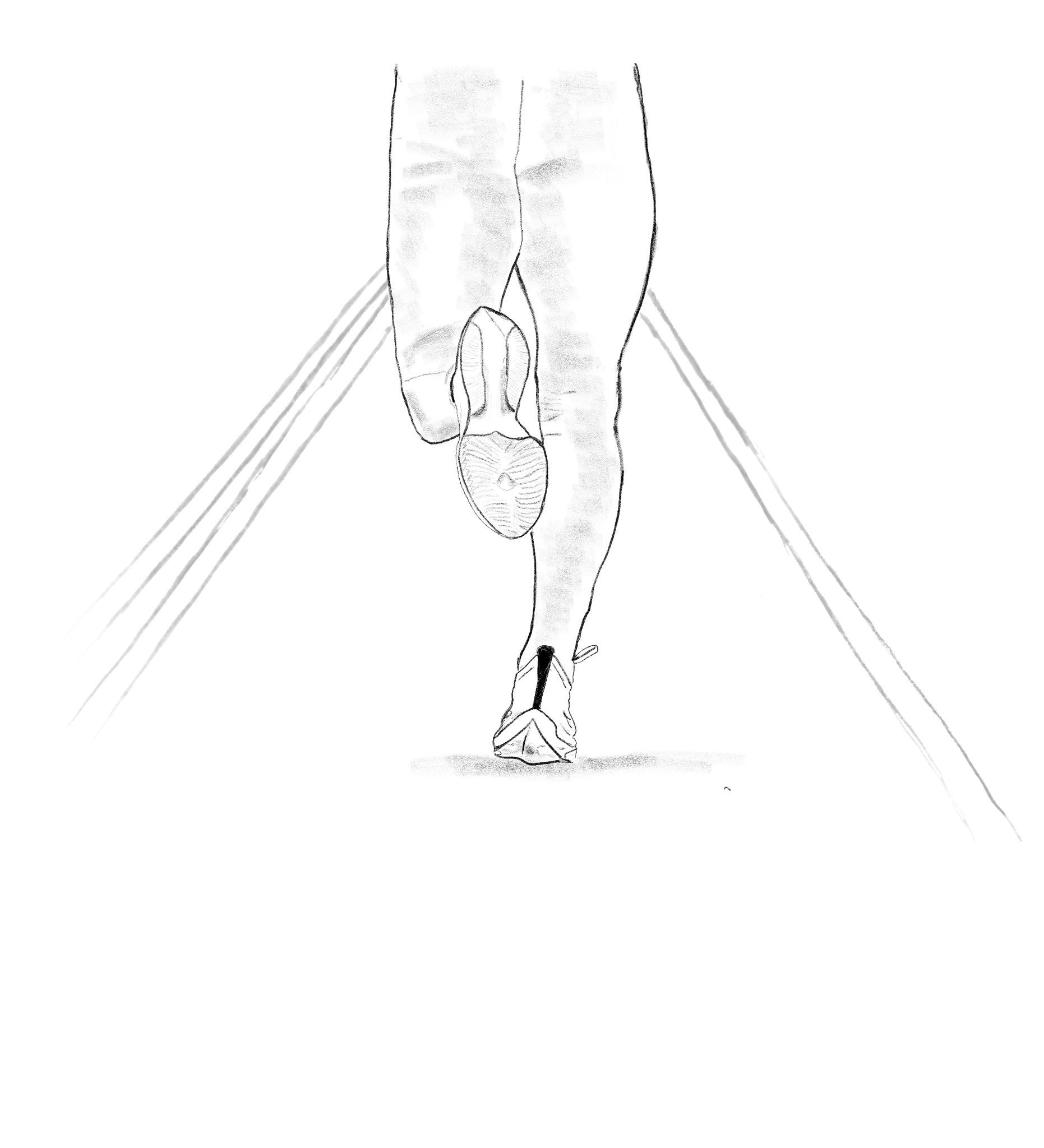 A black-and-white sketch of a person walking on a tightrope, viewed from behind.