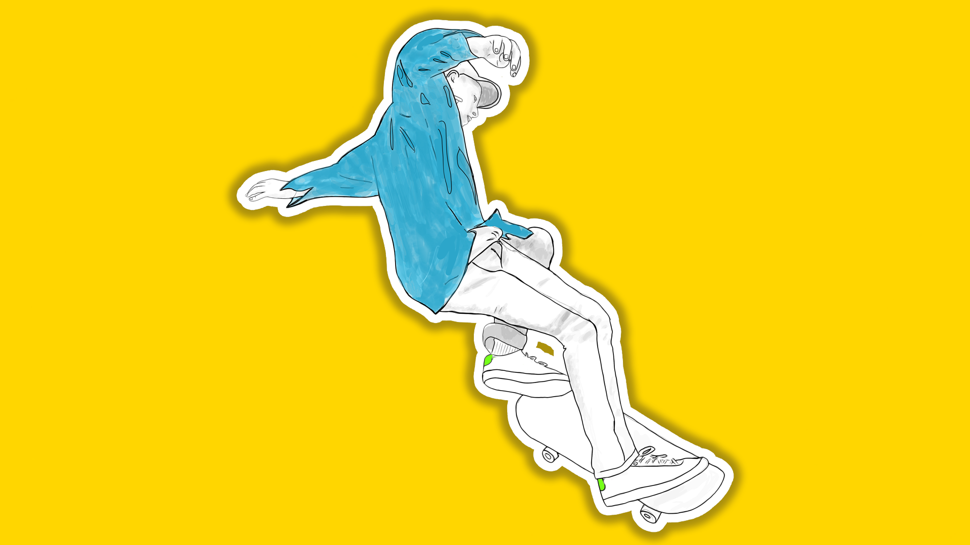 Stylized blue and white figure seated on a bright yellow background