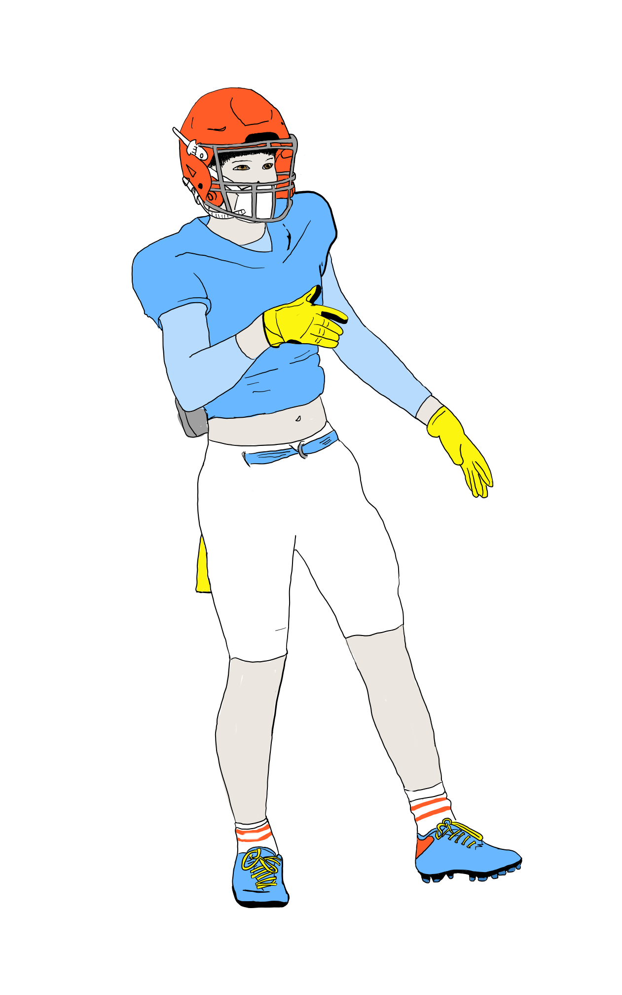 Football player in orange helmet and blue jersey standing with hands near chest
