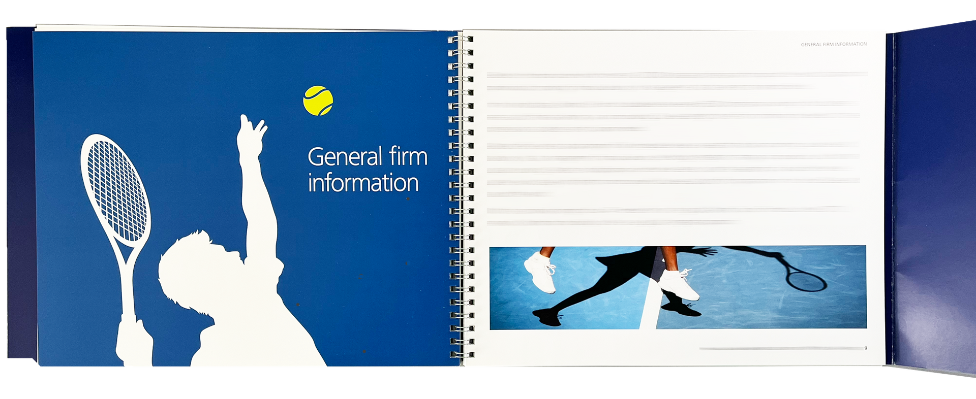 Open spiral notebook with blue and white pages, fish graphic, and “Genius in information” text