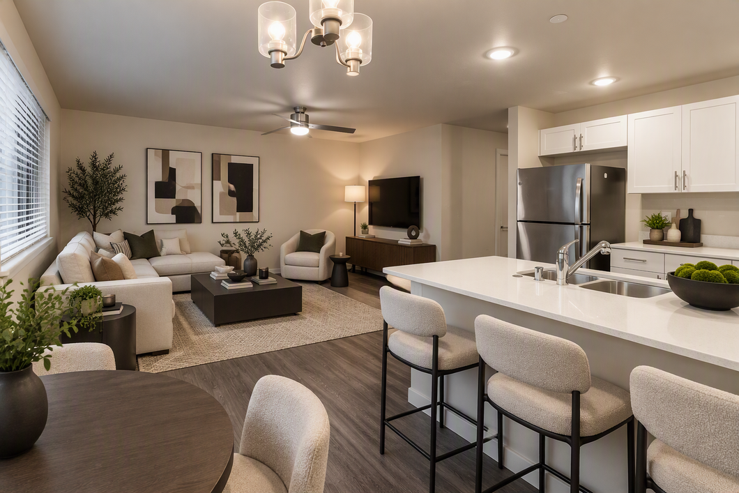 Bright empty kitchen and living area with gray floors, ceiling fan, and large window with blinds