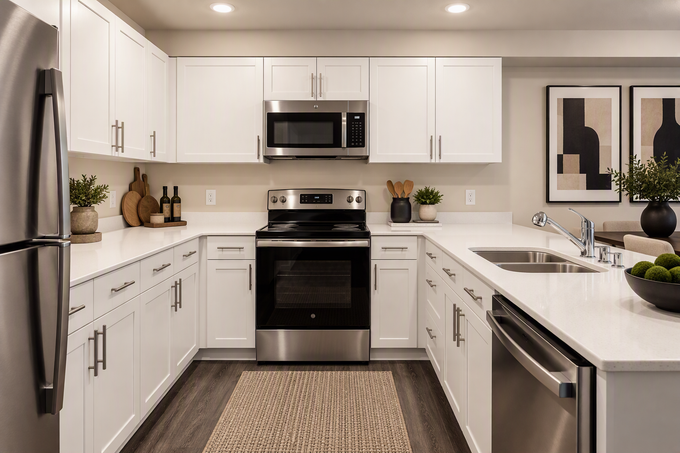 Bright white modern kitchen with stainless steel appliances and gray backsplash, viewed from the center.