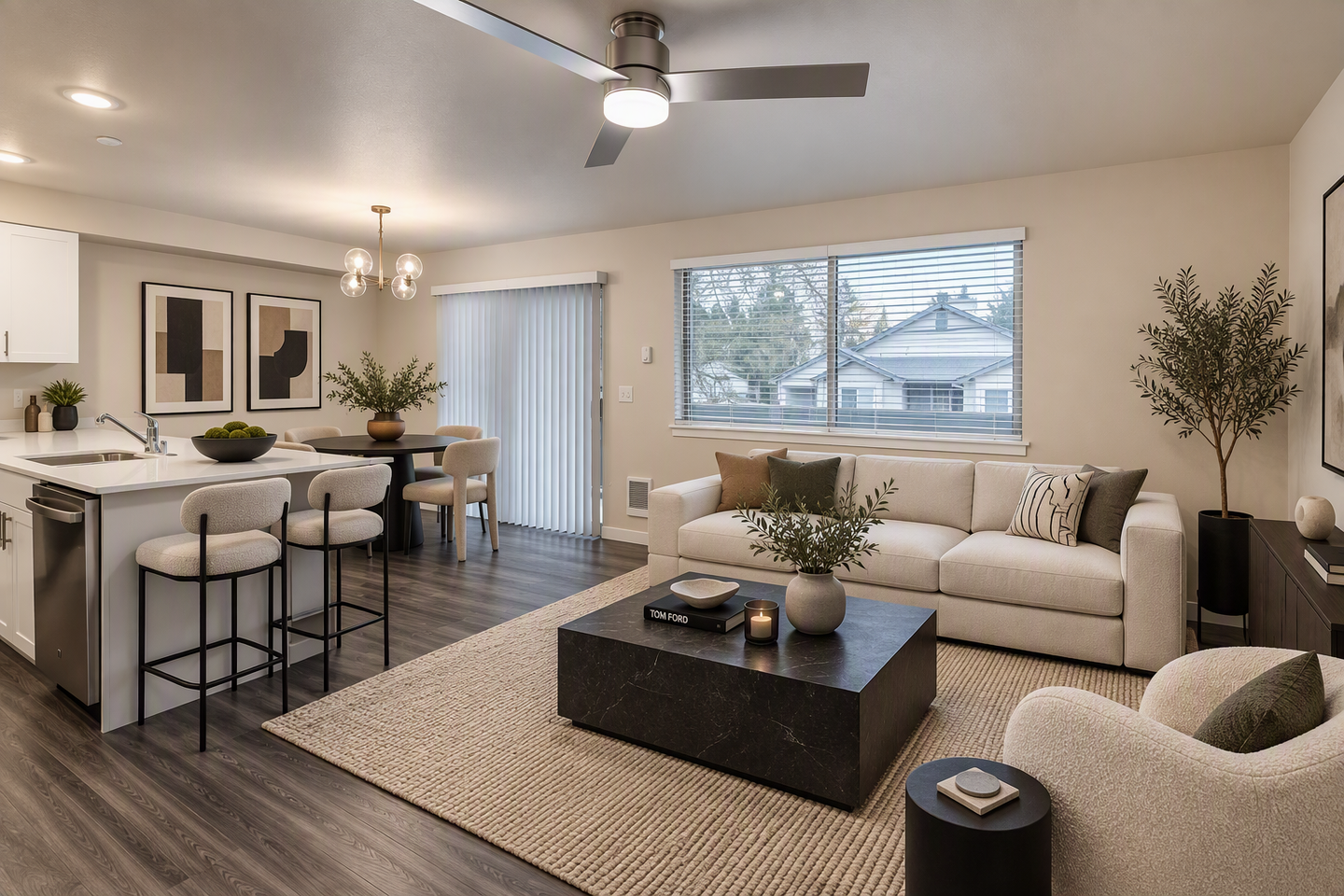 Bright white modern kitchen with stainless steel appliances and gray backsplash, viewed from the center.